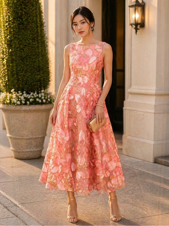 Helsi Dresses & Skirts - HELSI Vita  Floral Embroidered Midi Dress in Pink/Gold Size XS NWT